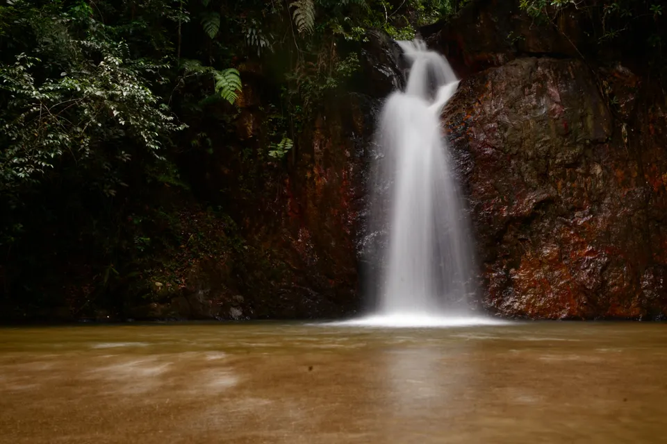 Water flowing over a forest waterfall with soft motion trails